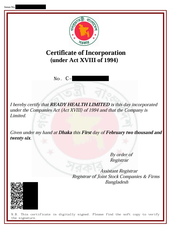 Incorporation Certificate - Ready Health Limited