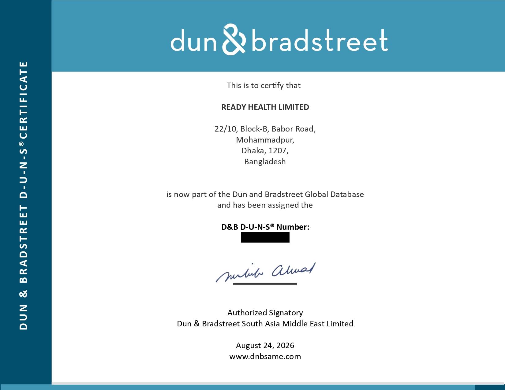 D-U-N-S Registered, issued to Ready Health Limited